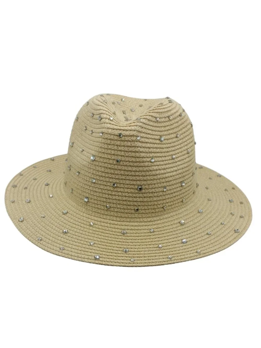 Illuma Straw Fedora Wide Brim Hat Beige with Rhinestones - NEW